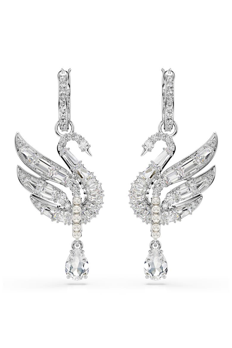 Swan Crystal & Faux Pearl Drop Earrings, Alternate, color, WHITE/ SILVER