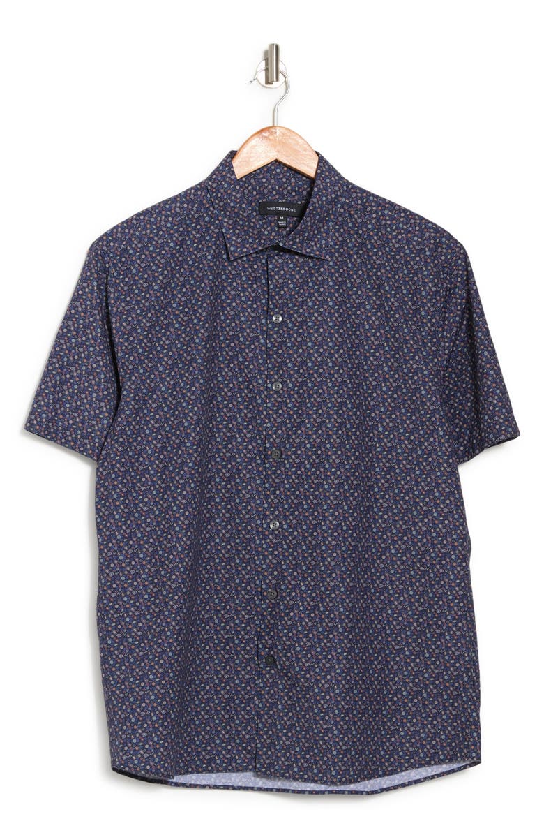 WESTZEROONE Alvin Floral Print Short Sleeve Button-Up Shirt, Alternate, color, Navy