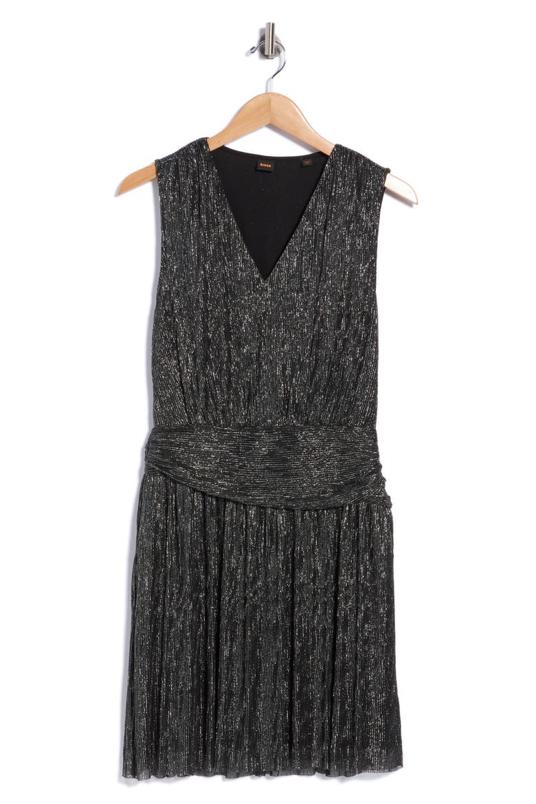 Danielle Sleeveless Metallic Pleated Dress, Main, color, BLACK