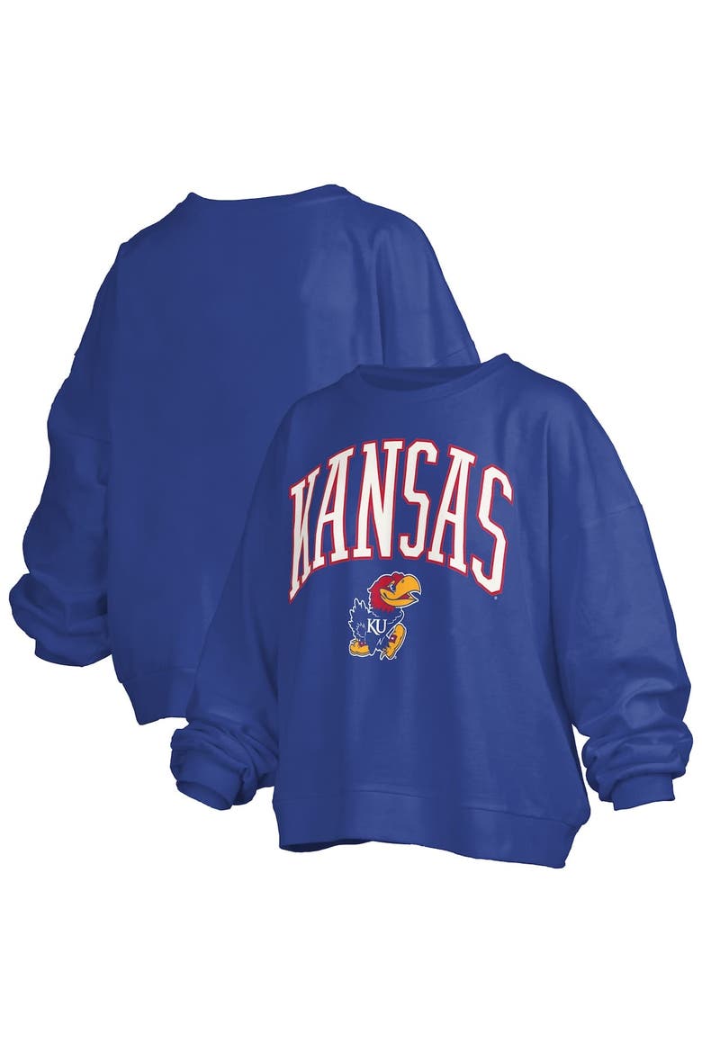 Women's Pressbox Royal Kansas Jayhawks Janise Arch Over Logo Waist Length Oversized Pullover Sweatshirt, Main, color, Royal