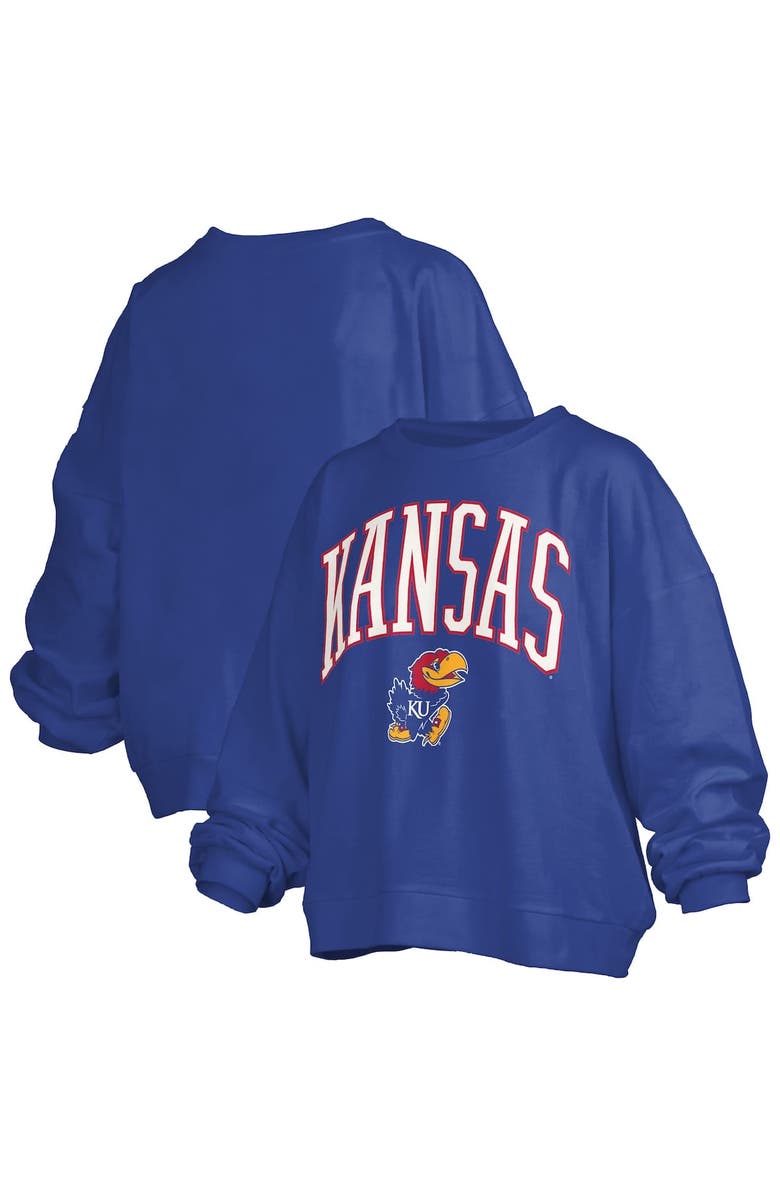 PRESSBOX Women's Pressbox Royal Kansas Jayhawks Janise Arch Over Logo Waist Length Oversized Pullover Sweatshirt, Main, color, Royal