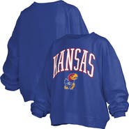 PRESSBOX Women's Pressbox Royal Kansas Jayhawks Janise Arch Over Logo Waist Length Oversized Pullover Sweatshirt