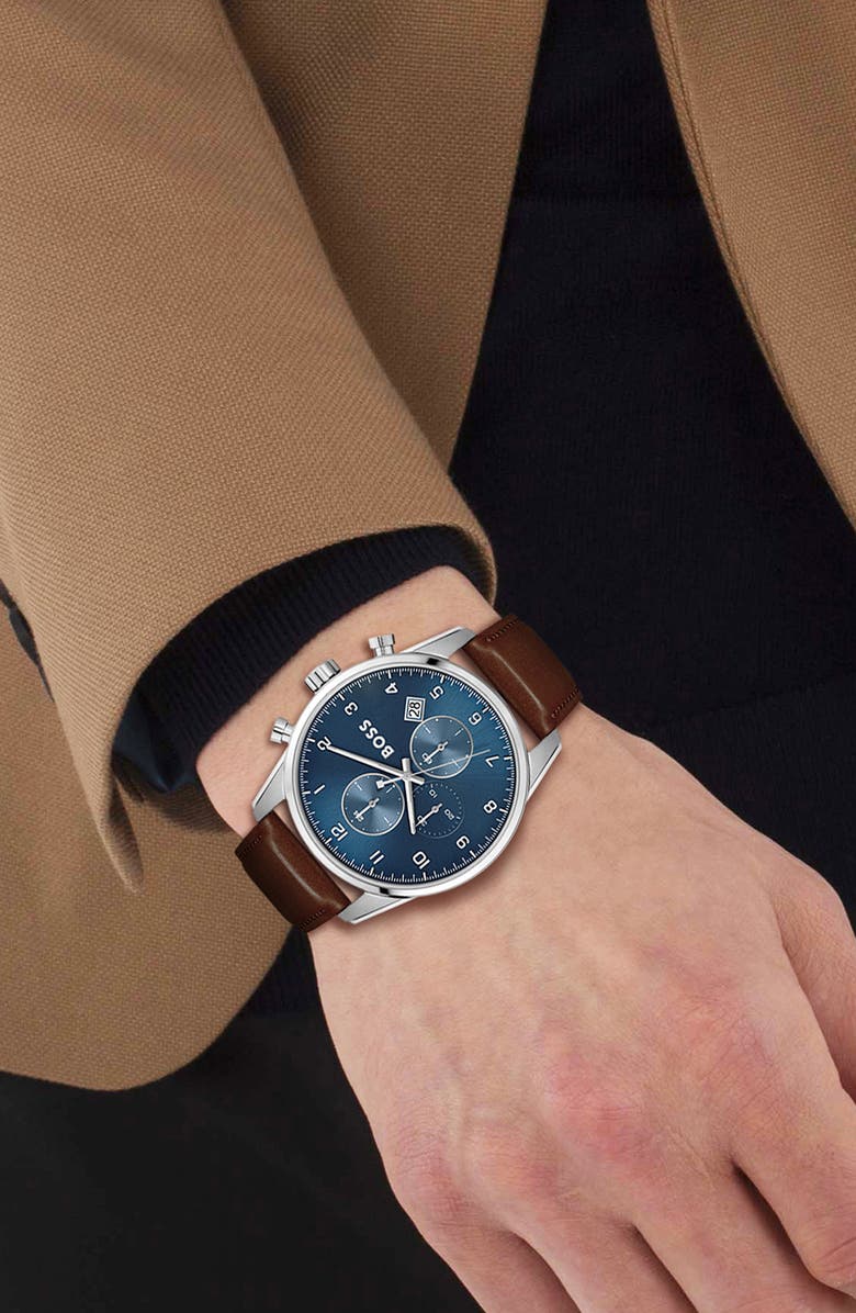 BOSS Skymaster Chronograph Leather Strap Watch, 44mm, Alternate, color, Blue