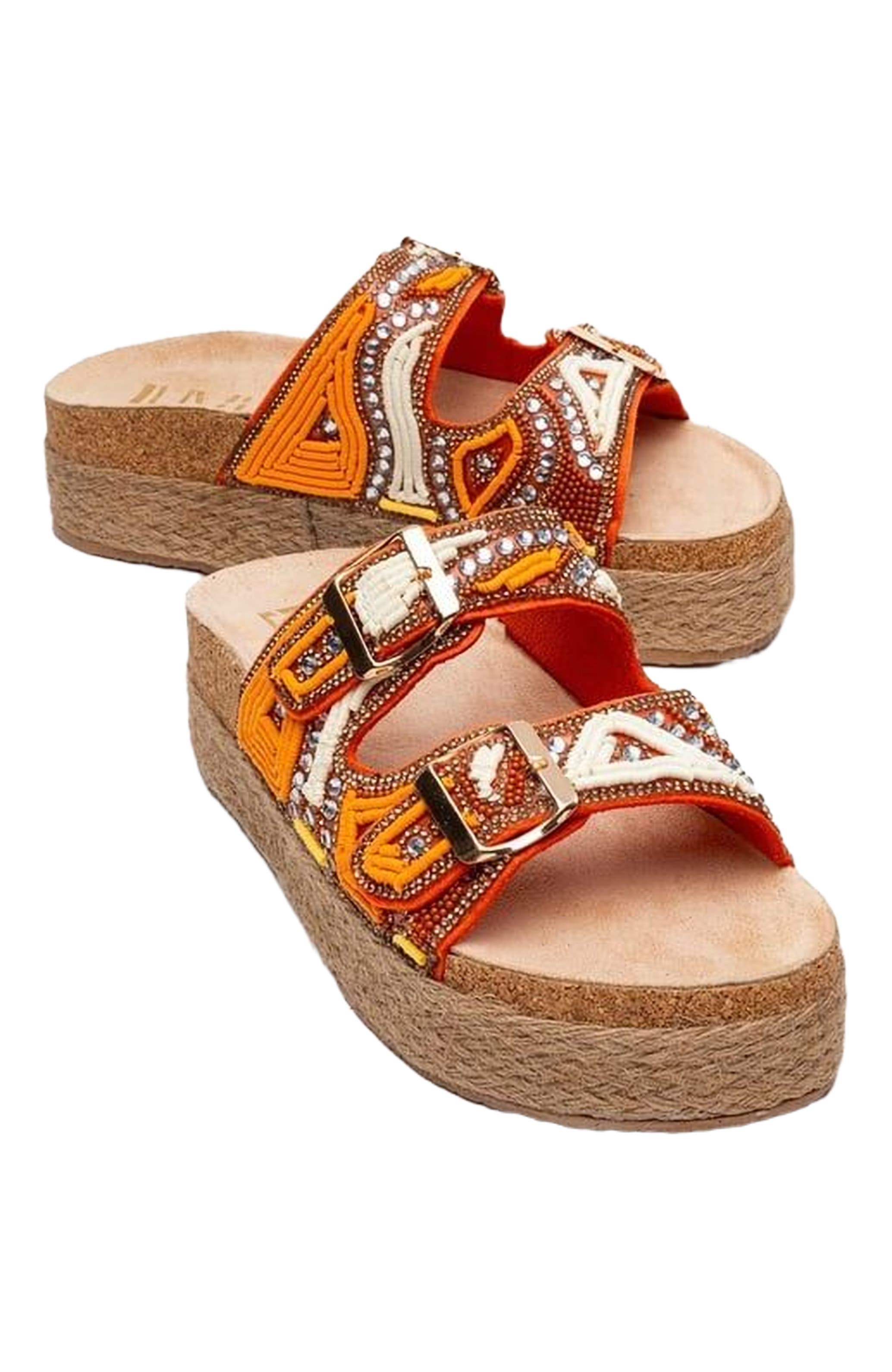 Bobby Beaded Straw Platform Slide Sandal, Alternate, color, Orange Faux Leather
