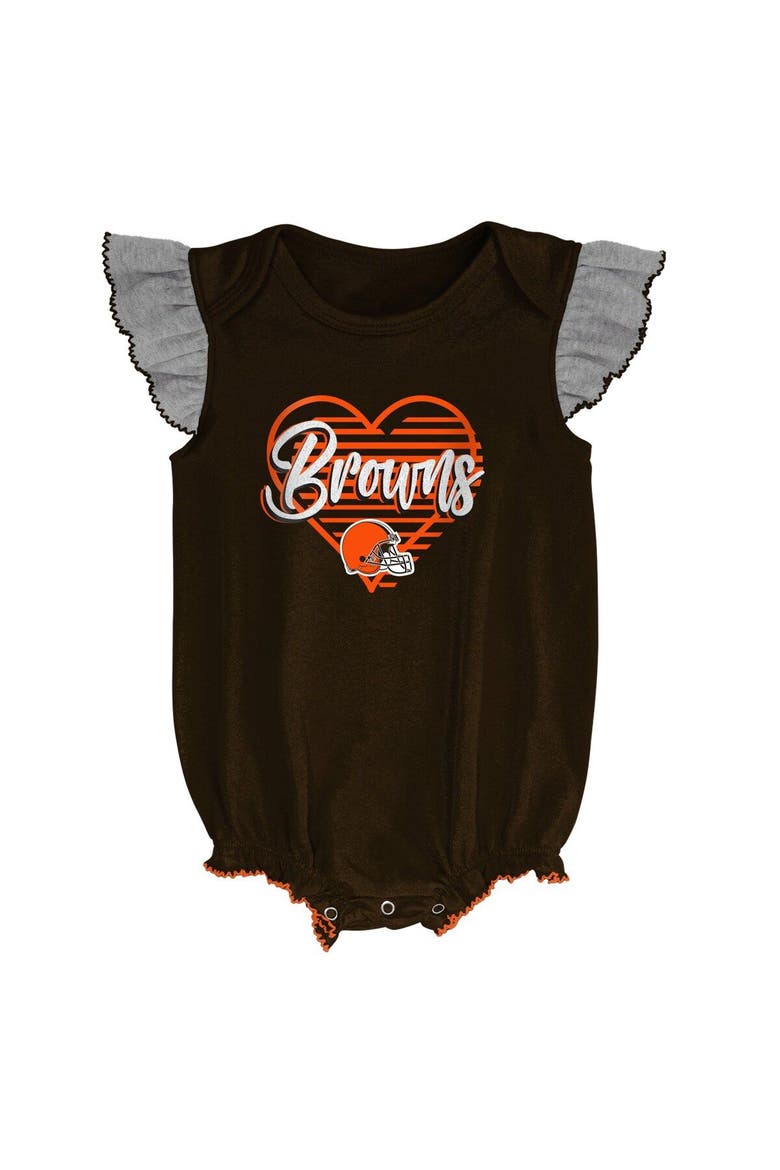 Girls Newborn & Infant Brown/Heathered Gray Cleveland Browns All The Love Bodysuit Bib & Booties Set, Alternate, color, Brown
