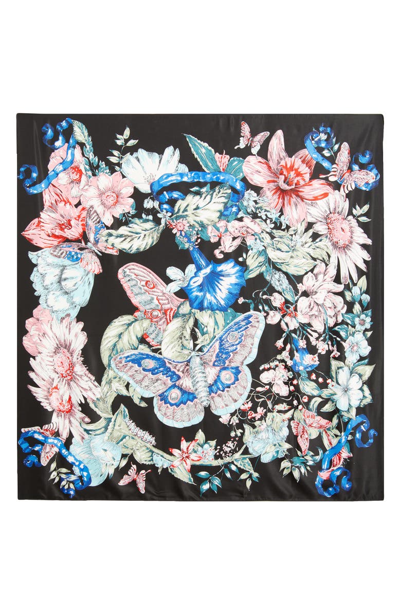 Tasha Butterfly Floral Scarf, Alternate, color, Black