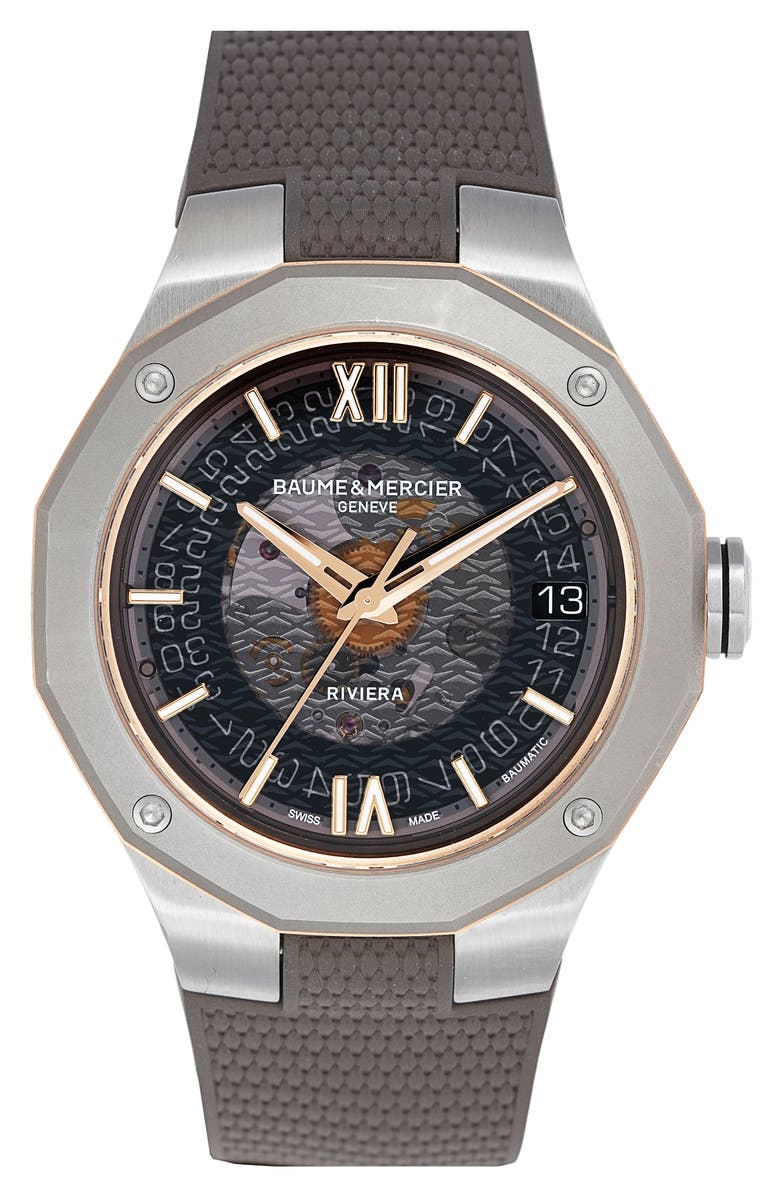 Baume & Mercier Riviera 10720 Skeleton Rubber Strap Automatic Watch, 39mm, Main, color, Smoked Gray
