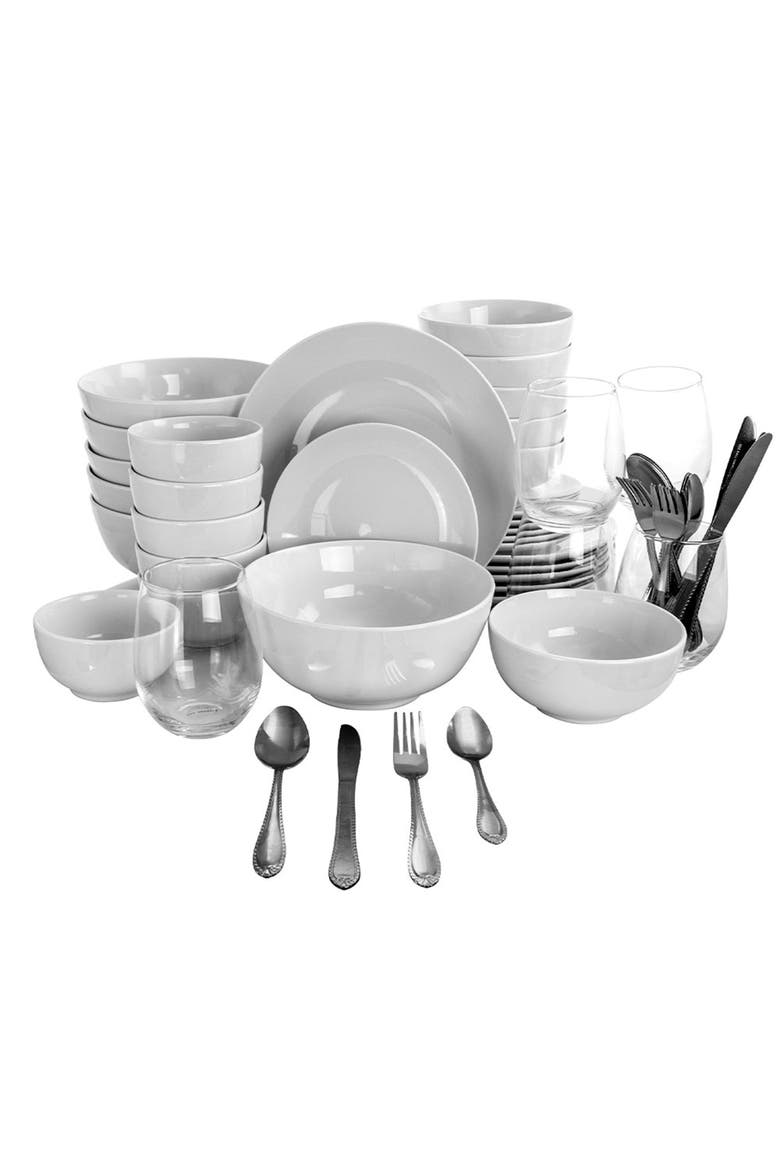 60 Piece Ceramic Dinnerware with Drinkware and Flatware, Main, color, White