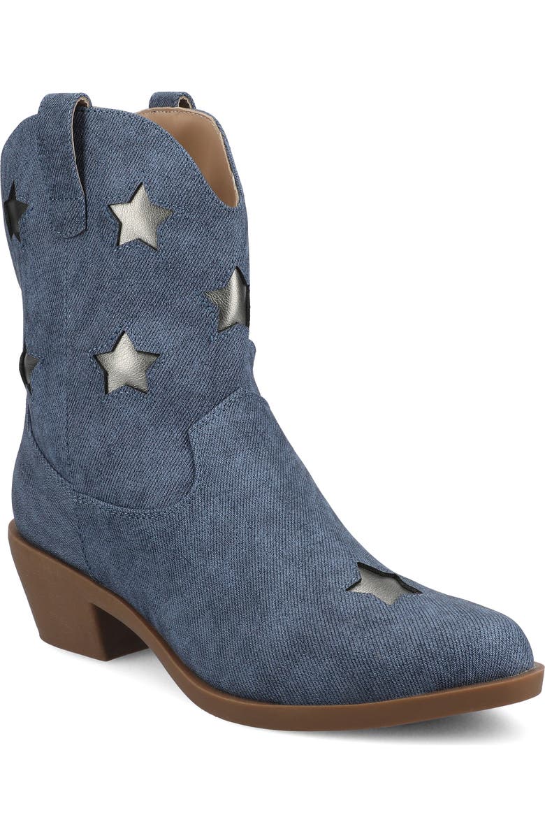 Journee Collection Underwood Star Western Boot, Main, color, Denim