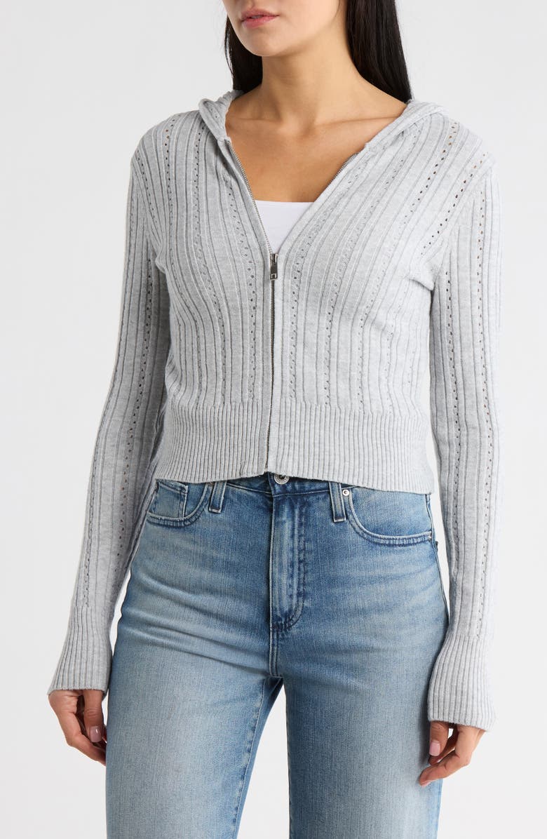 Madden Girl Wide Rib Pointelle Zip Hoodie, Main, color, Light Grey