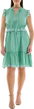 Nanette Lepore Embroidered Eyelet Ruffle Cap Sleeve Cotton Dress
