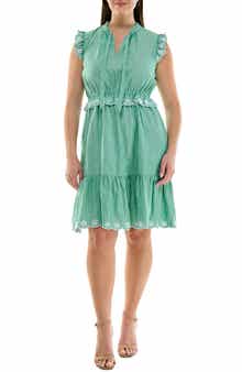 Embroidered Eyelet Ruffle Cap Sleeve Cotton Dress