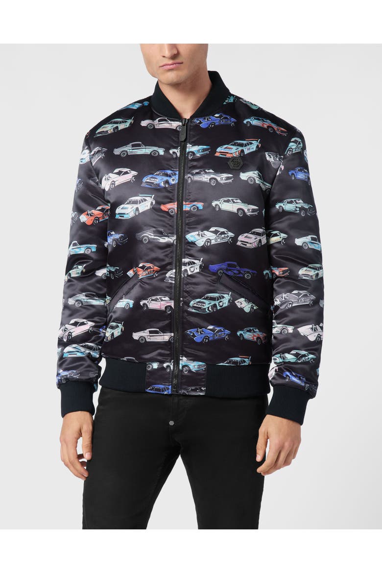 Satin Bomber Jacket Ls Cars Racing Men, Main, color, black