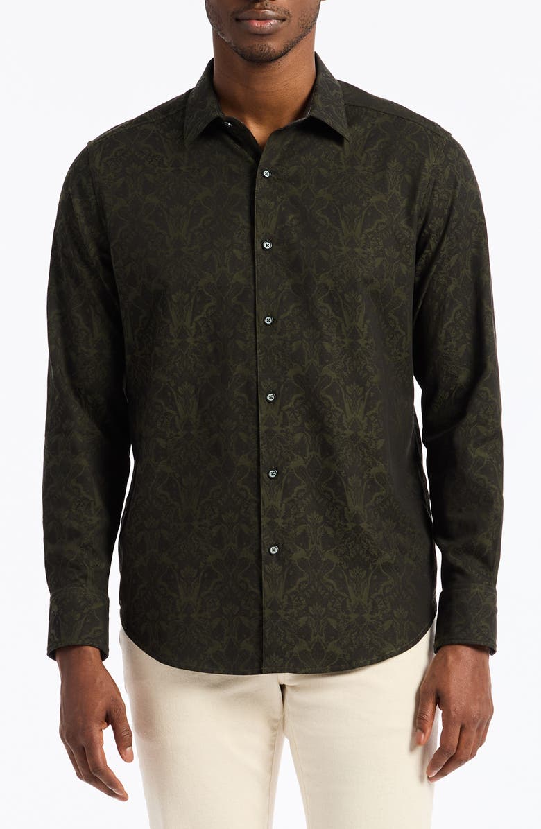 Robert Graham Highland Damask Pattern Stretch Cotton Button-Up Shirt, Main, color, Olive