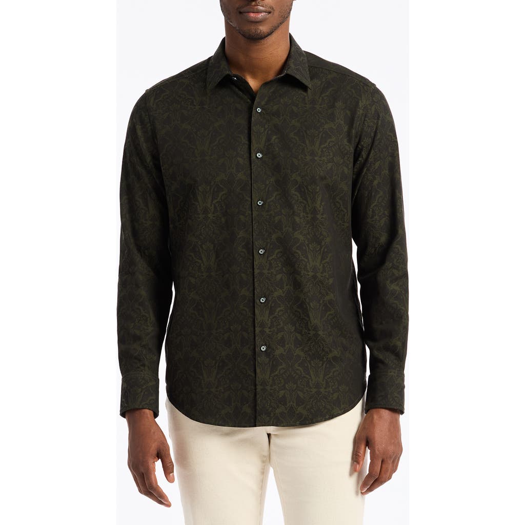 Robert Graham Highland Damask Pattern Stretch Cotton Button-up Shirt In Green