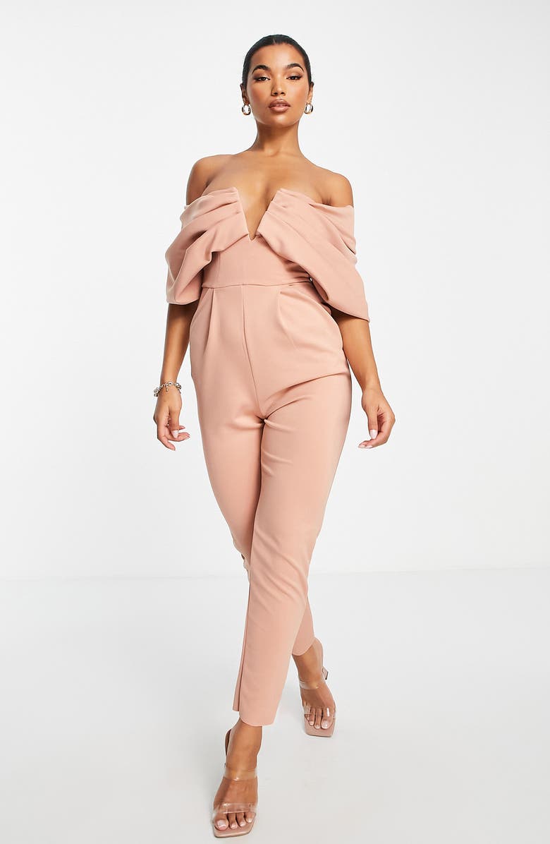 ASOS DESIGN Off the Shoulder Jumpsuit, Alternate, color, 