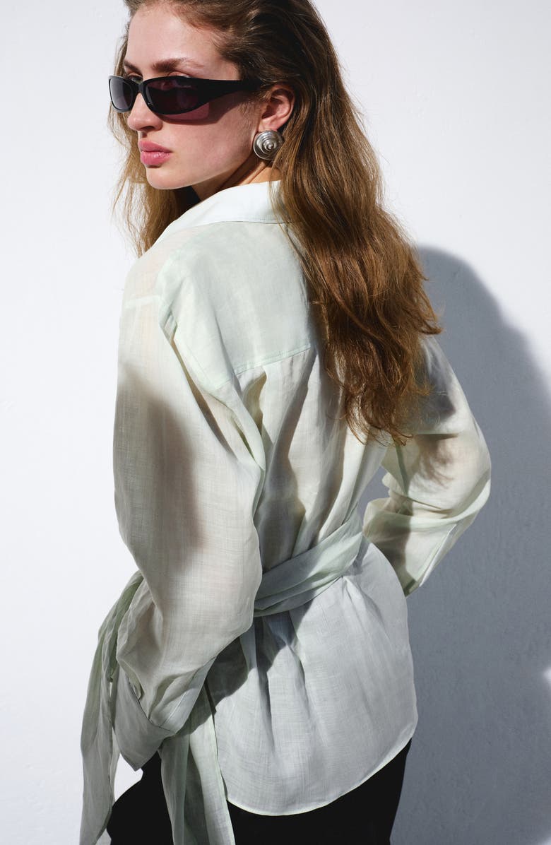 MANGO Faux Wrap Woven Shirt, Alternate, color, Green