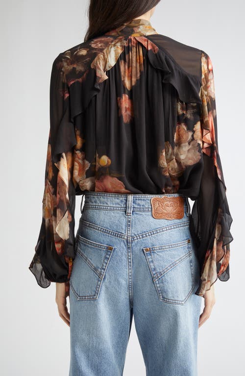 Zimmermann Hypnotic Floral Print Ruffle Georgette Top In Black