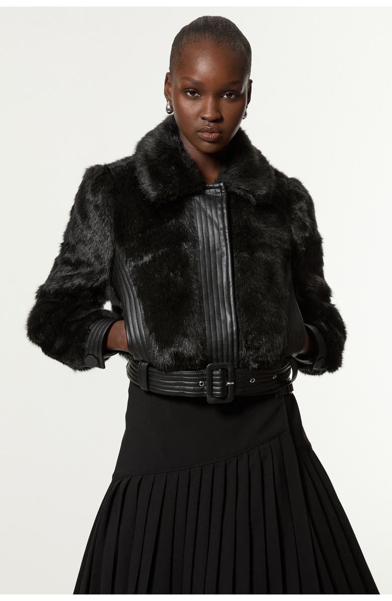 Karen Millen Faux Fur Pu Panel Belted Cropped Jacket, Main, color, Black