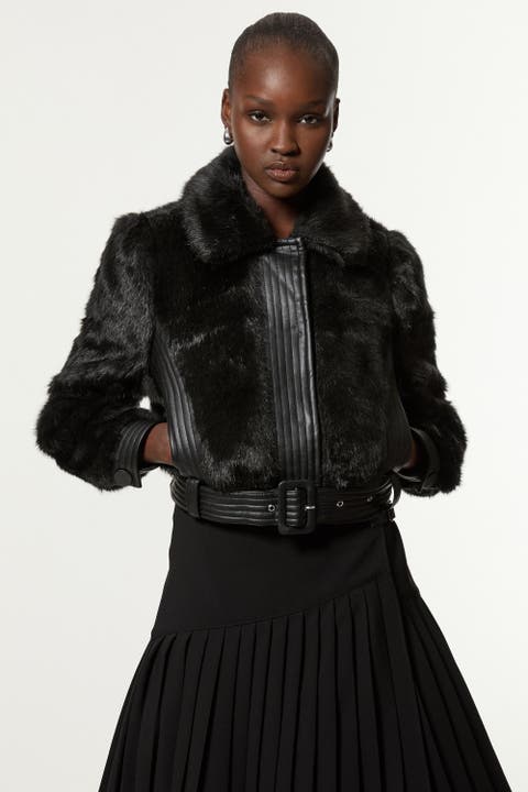 Faux Fur Pu Panel Belted Cropped Jacket
