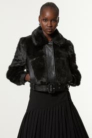 Karen Millen Faux Fur Pu Panel Belted Cropped Jacket