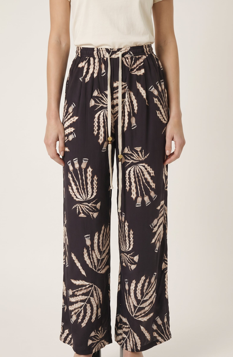 Botanical Print Wide Leg Pants with Drawstring Waist and Side Pockets