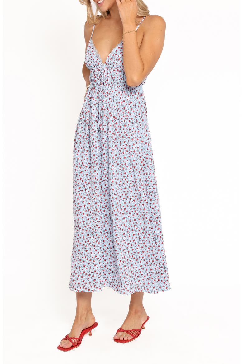 Freesia Ditsy Floral Deep V-Neck Midi Dress, Alternate, color, BLUE RED FLORAL