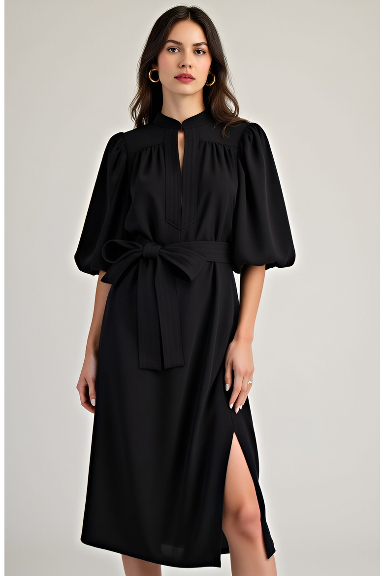 Puff Sleeve Midi Dress with Belt, Alternate, color, Black