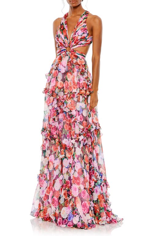 Mac Duggal Ruffled Cut Out Sleeveless Gown In Multi