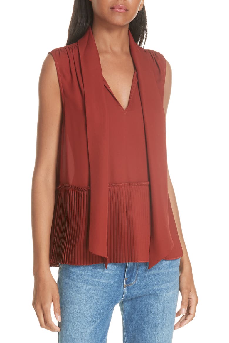 Pleated Peplum Hem Silk Tank, Main, color, BURNT HENNA