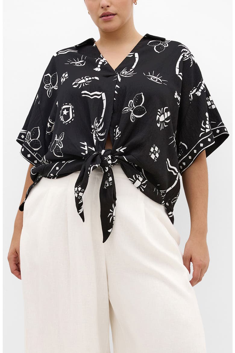 Resort Print Tie Front Top, Main, color, BLACK AND WHITE