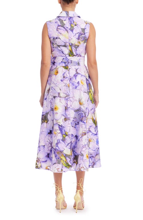 Badgley Mischka Sleeveless Printed Floral Lace Midi Dress In Lilac Multi