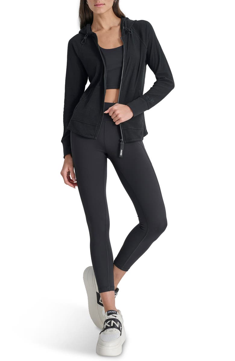 DKNY Slub Waffle Knit Zip Hoodie, Alternate, color, Black