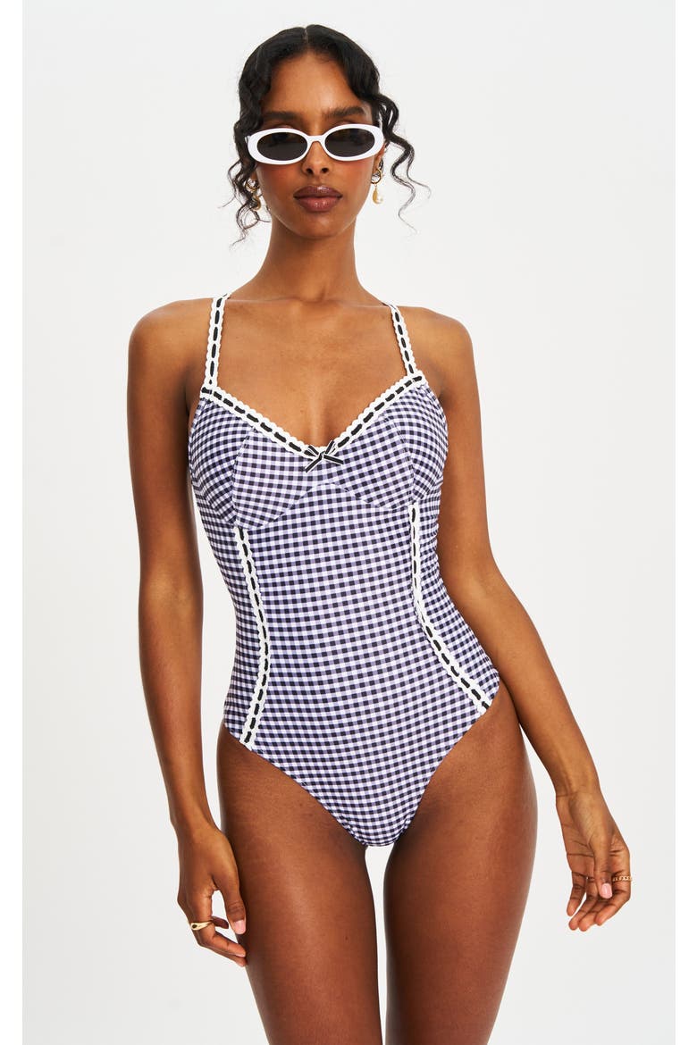 Gigi Gingham Lace Strap Backless Swimsuit, Main, color, Black