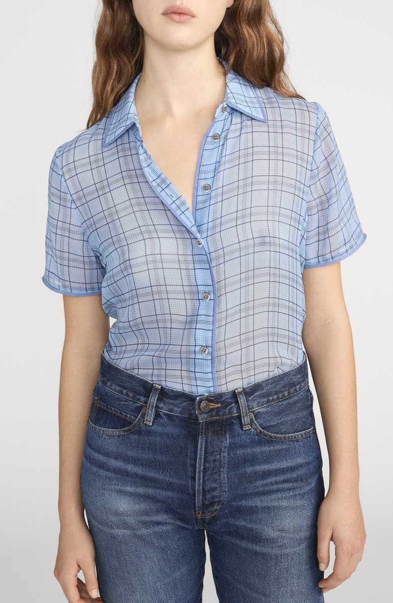 FRAME The Essential Plaid Silk Button-Up Shirt, Main, color, Sky Blue Multi