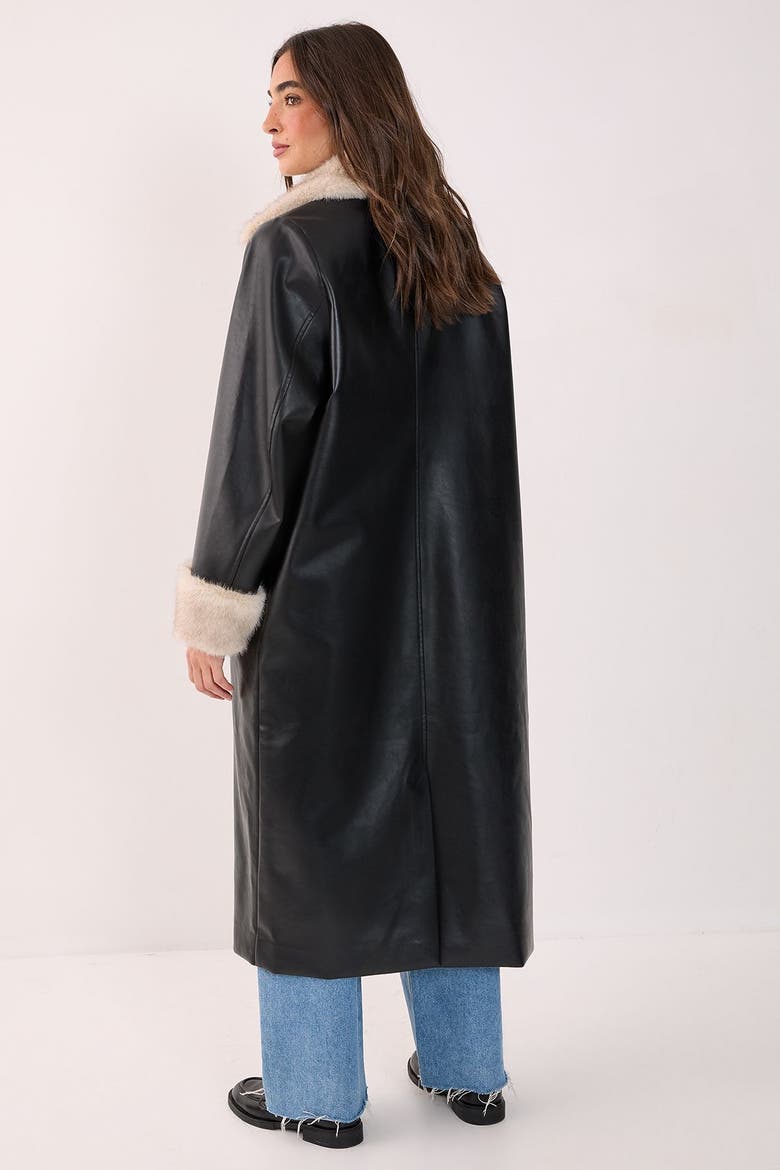 Faux Leather Longline Fur Trim Coat, Alternate, color, Black