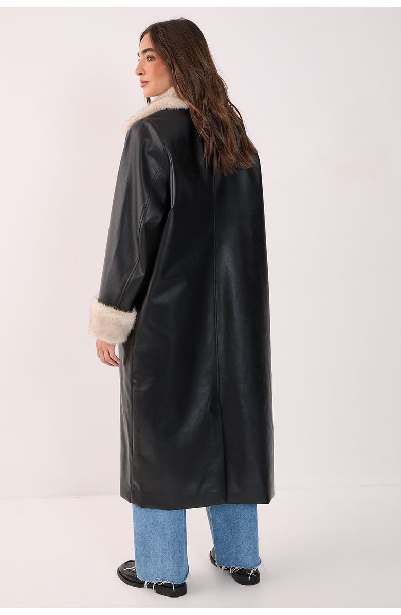 NASTY GAL Faux Leather Longline Fur Trim Coat, Alternate, color, Black