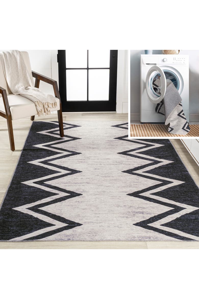 Siksak Modern Chevron Border Machine-Washable Area Rug, Main, color, Ivory/Navy