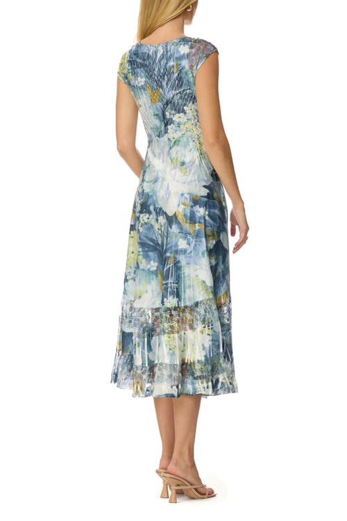 Komarov Abstract Floral Charmuese Dress With Lace Cap Sleeve In Blue