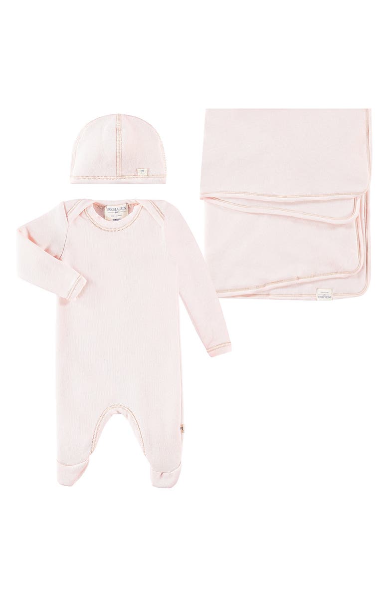 PAIGELAUREN Welcome Home Fleece Footie, Hat & Blanket Set, Main, color,