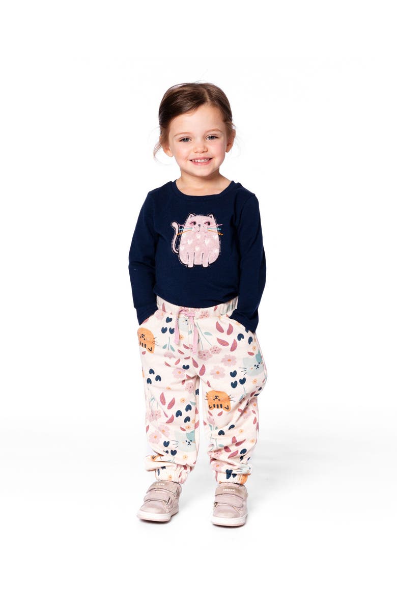 Deux par Deux Organic Cotton T-Shirt with Cat, Main, color, Dark Blue