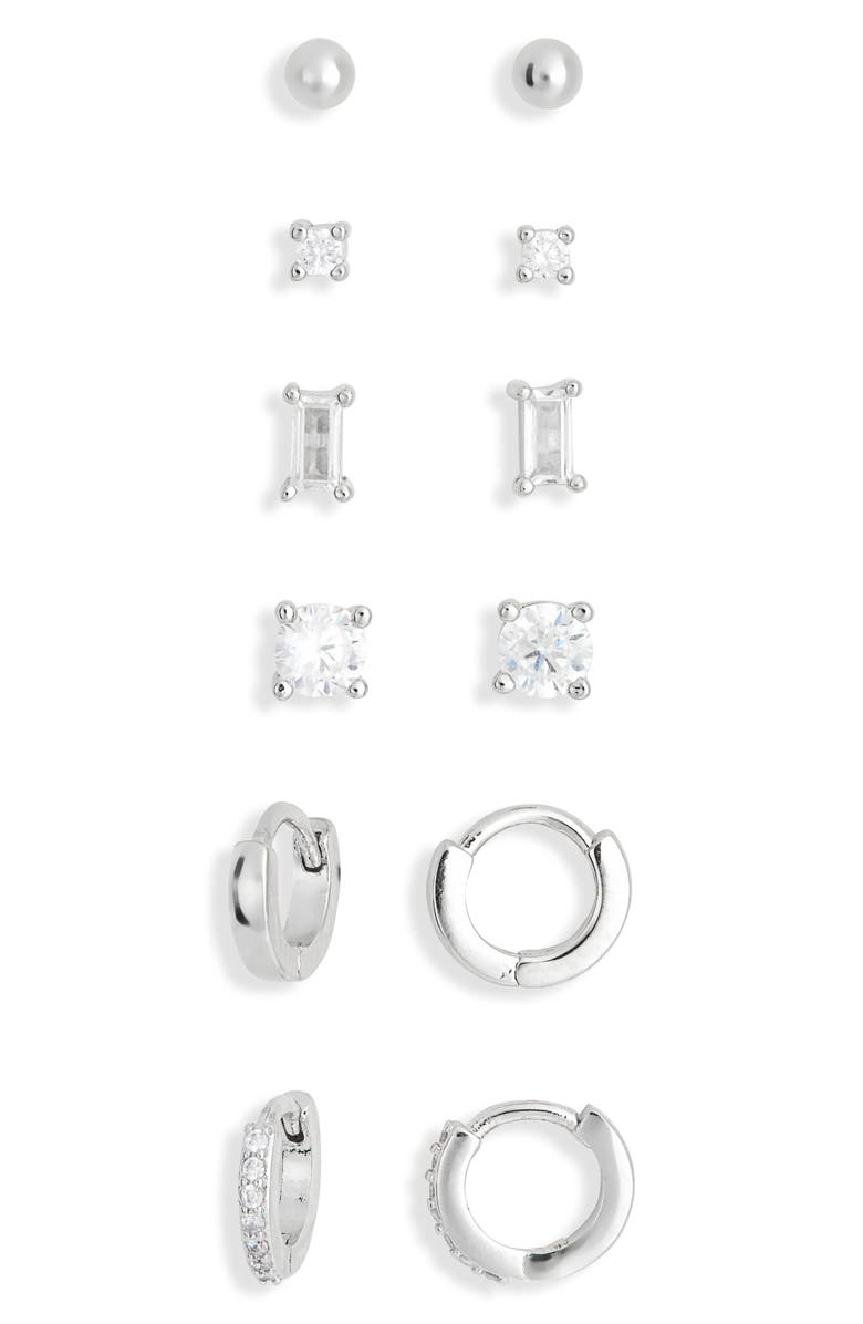 NORDSTROM RACK 6-Pack Mixed Stud & Hoop Earrings, Main, color, Clear- Silver