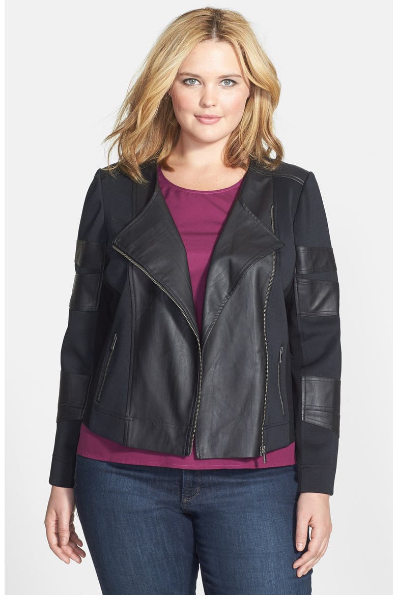 Collarless Mixed Media Moto Jacket, Main, color, BLACK