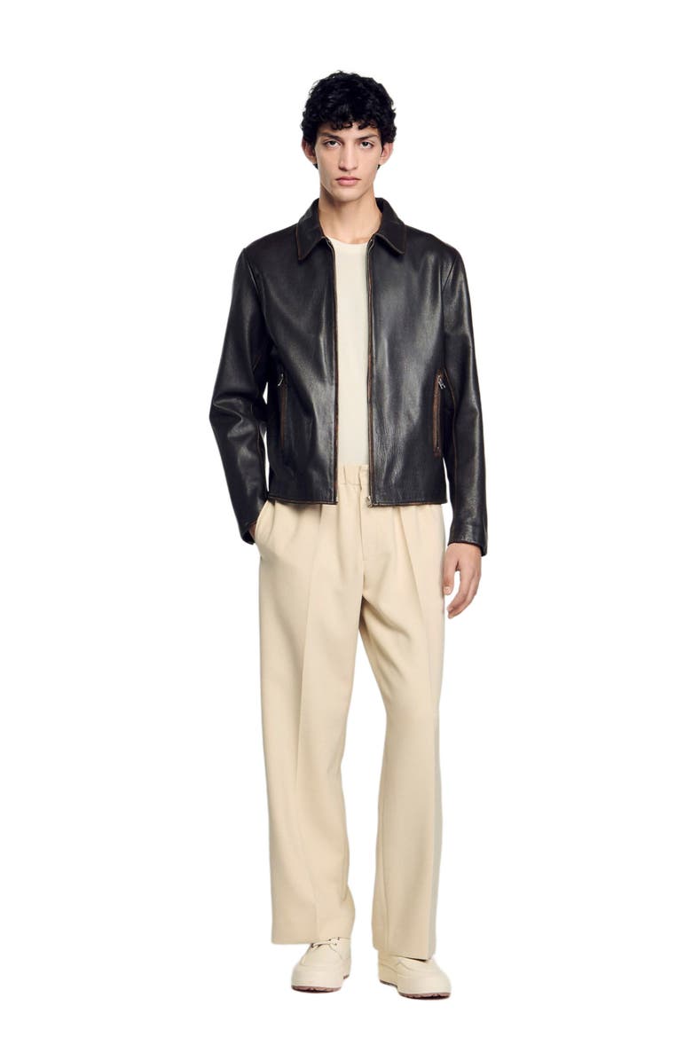 SANDRO Distressed-look leather jacket, Alternate, color, Moka.