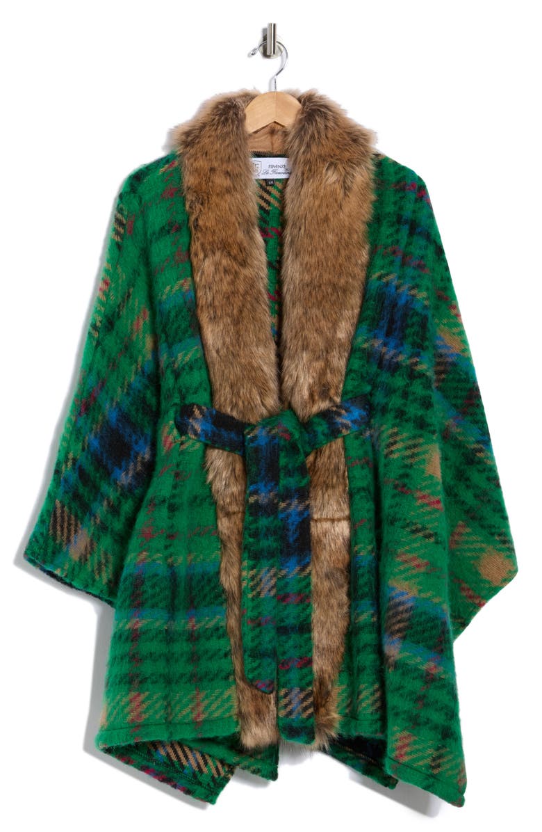 La Fiorentina Faux Fur Trim Cape, Main, color, Green