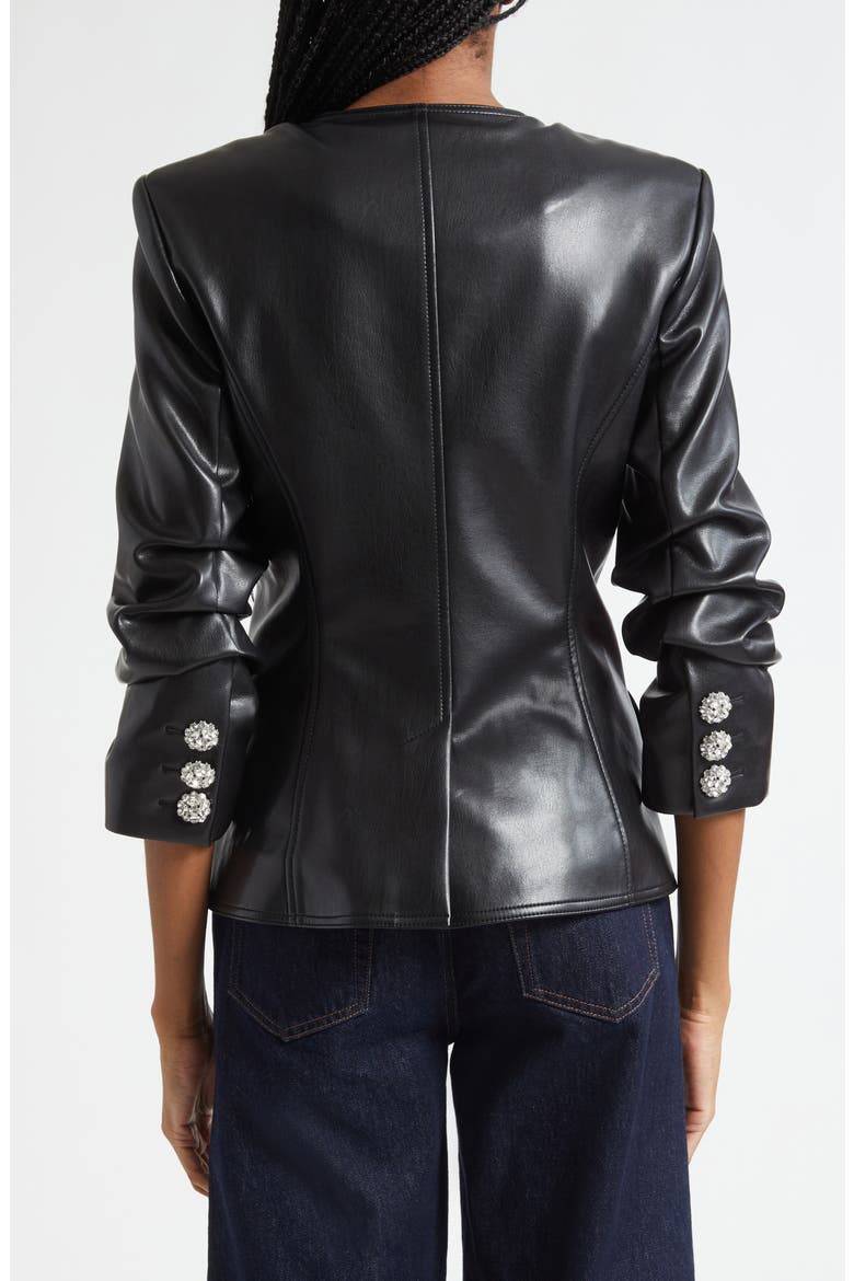 Crystal Button Scrunched Sleeve Faux Leather Jacket, Alternate, color, BLACK