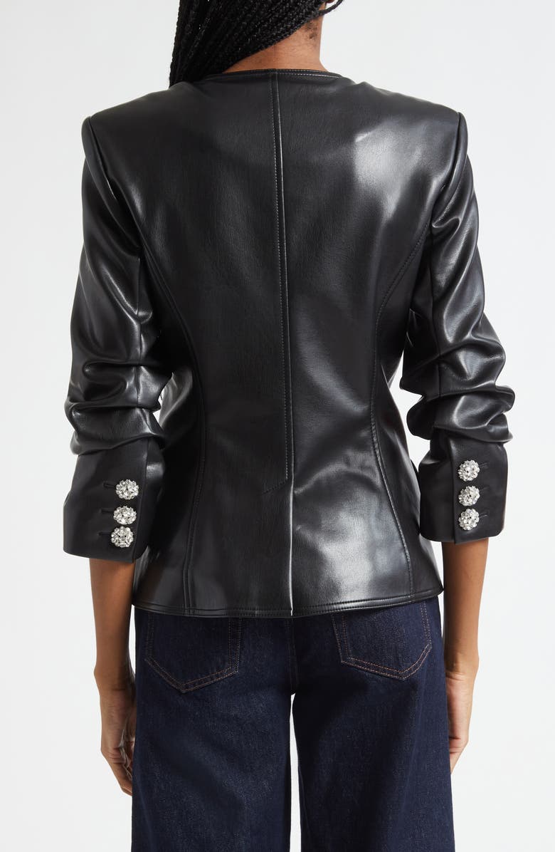 Cinq à Sept Crystal Button Scrunched Sleeve Faux Leather Jacket, Alternate, color, Black