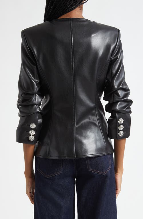Cinq À Sept Crystal Button Scrunched Sleeve Faux Leather Jacket In Black
