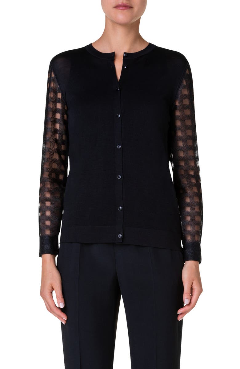 Akris Mixed Media Sheer Sleeve Silk Cardigan, Main, color, 
