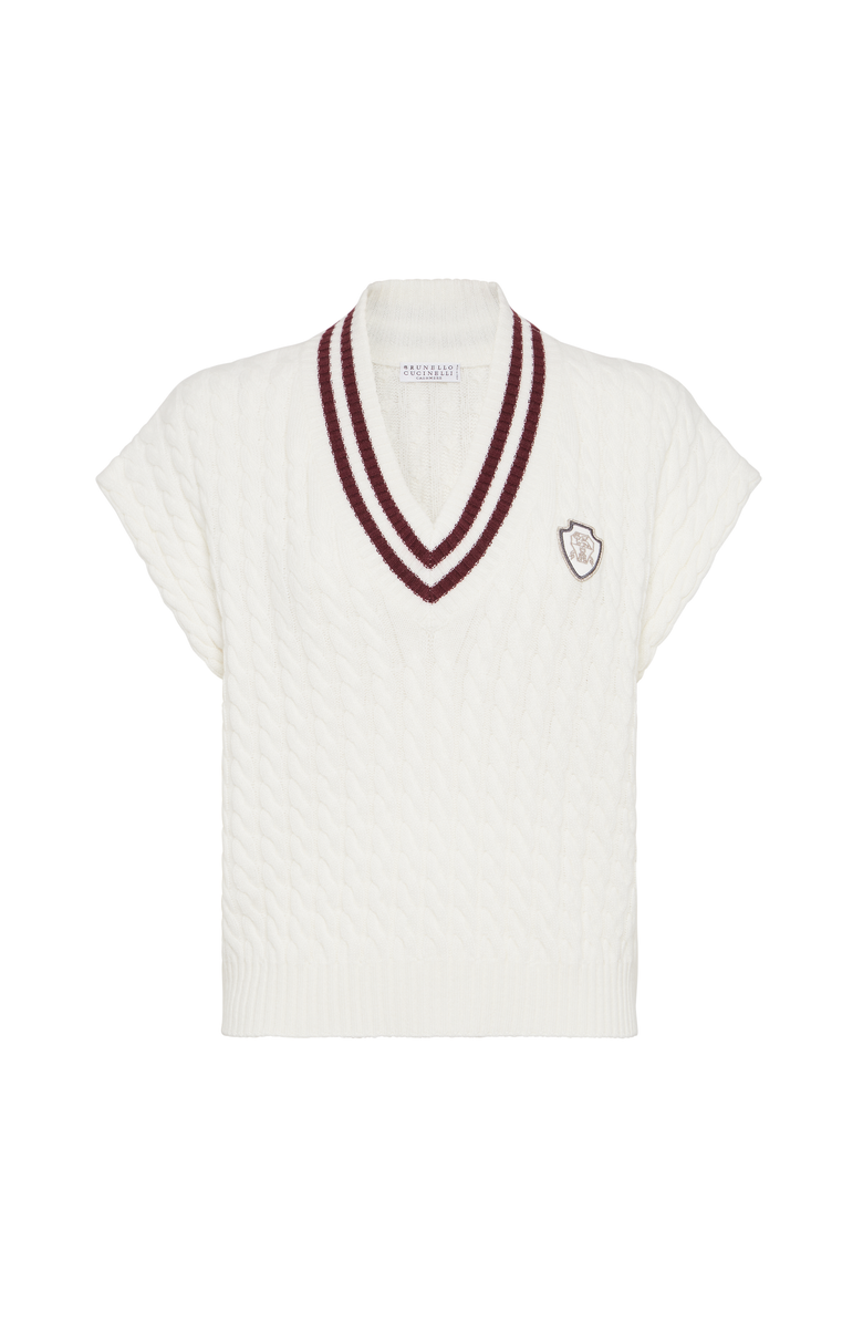 Brunello Cucinelli Cashmere knit sweater vest with logo, Main, color, Panama